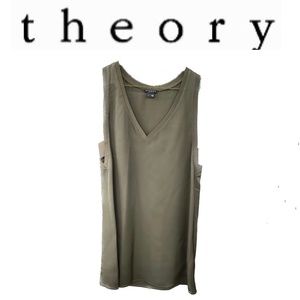 Theory Alwata Dress: Khaki Green Silk Mini Shift Dress size 6 w Side Cut-outs